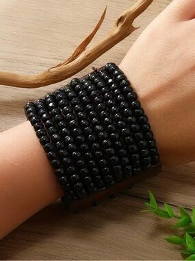 Black Beaded Wide Wrap Bracelet